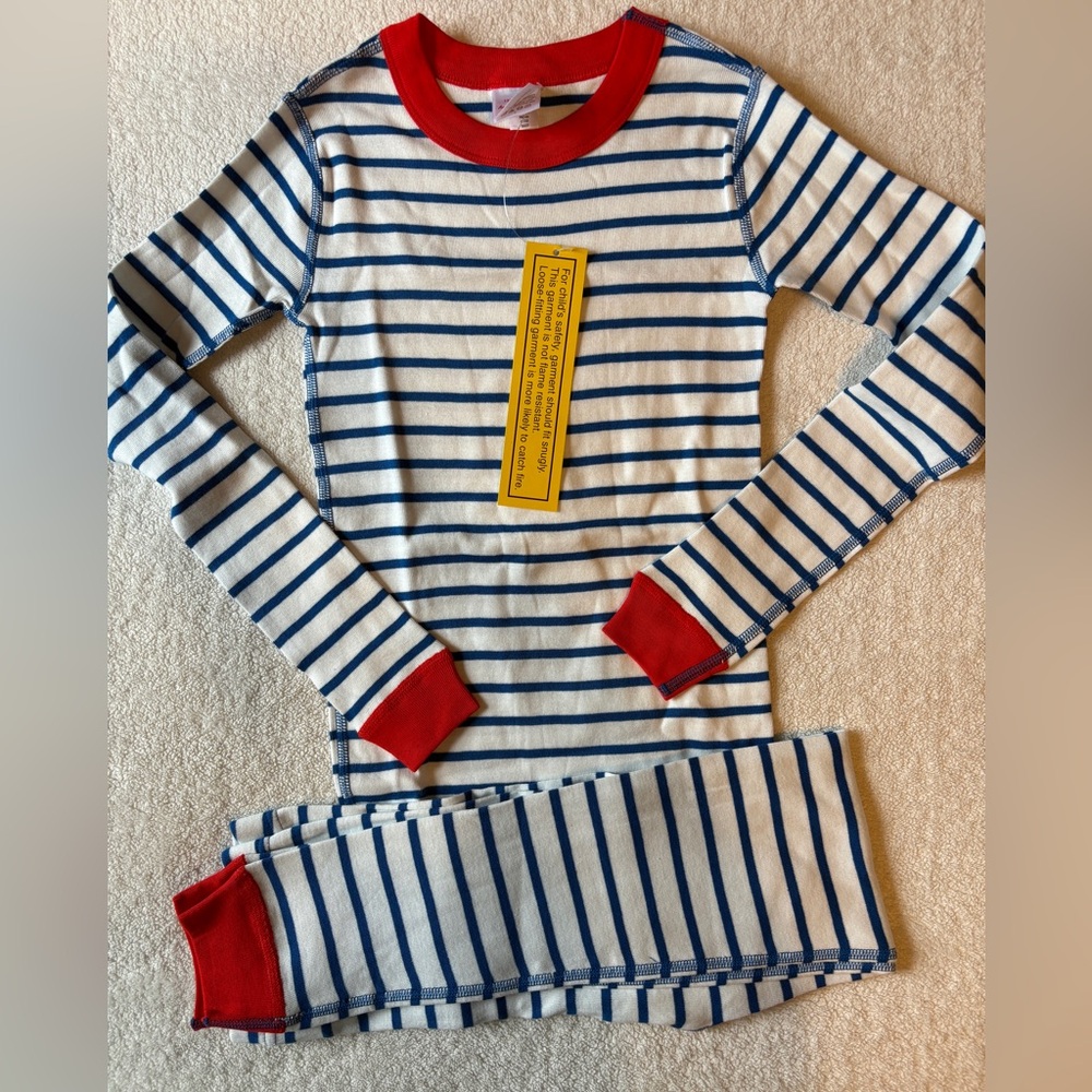 Hanna Andersson Blue Stripe Pajama Set with Red Trim